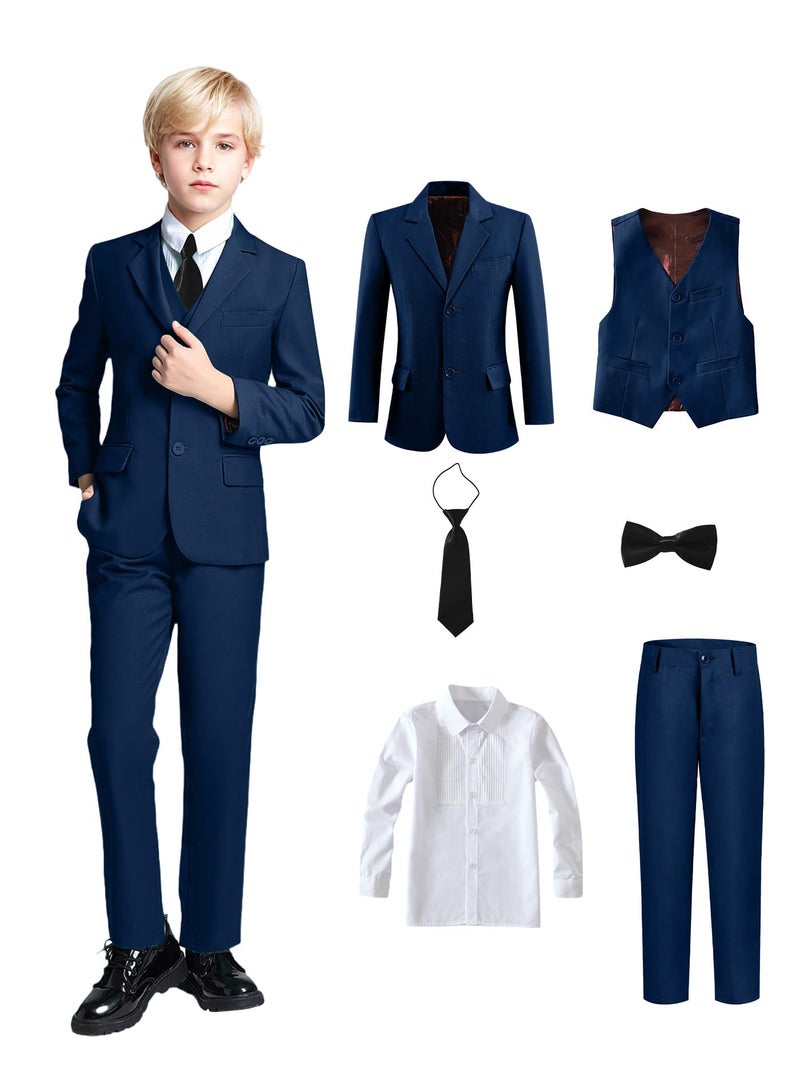 Yanlu Boy Suit Tuxedos Navy Blue Kids Slim Fit Dresswear for Toddler Boys Wedding Ring Bearer Outfit 6 Piece Blazer Vest Pants Kids Formal Suits Size 7 - Image 1